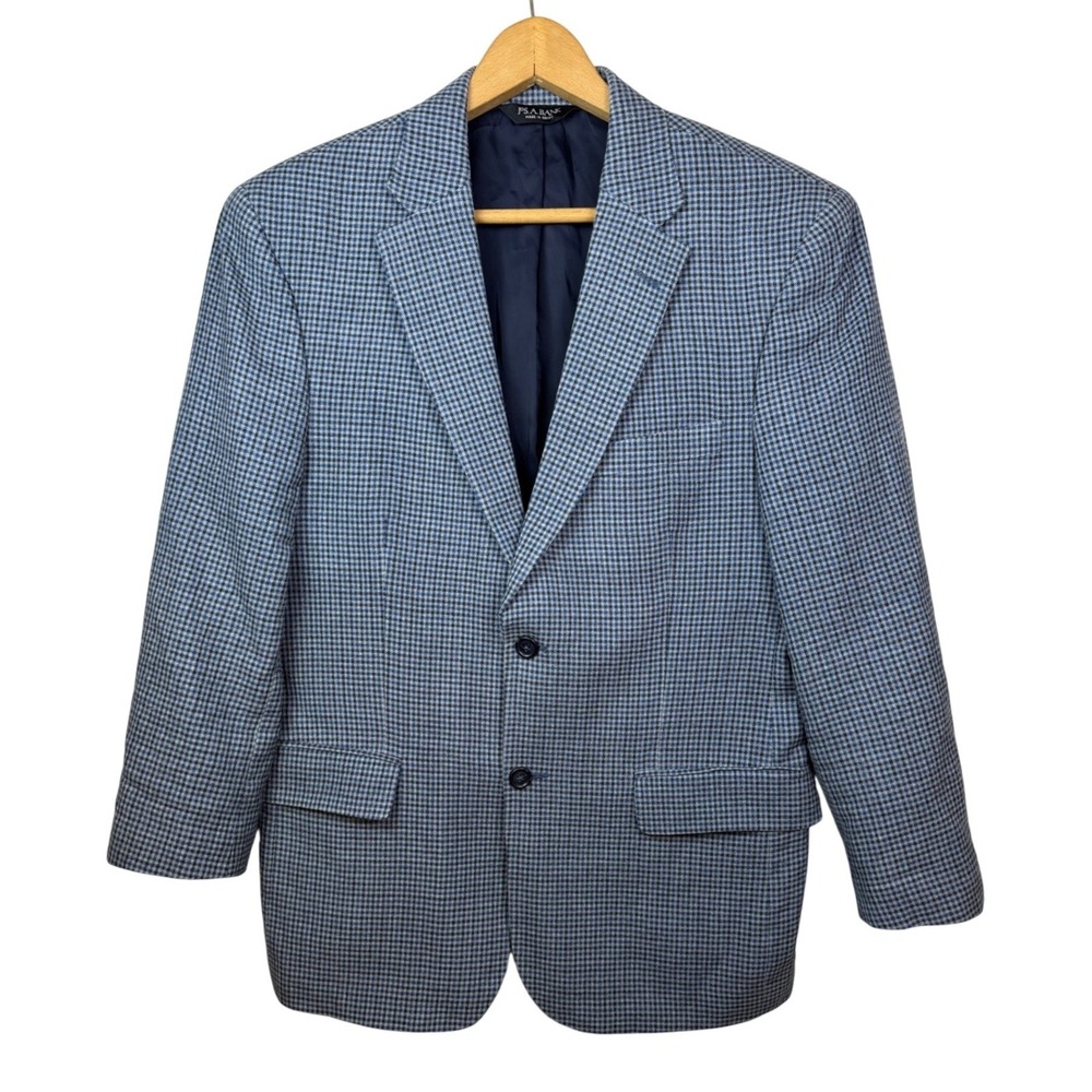 Jos A Bank Travelers Blazer Mens 40S Blue Check Silk Wool Sport Coat Tailored